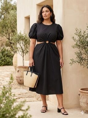 Puff-Sleeve Black Midi Dress with Center Ring Cutout